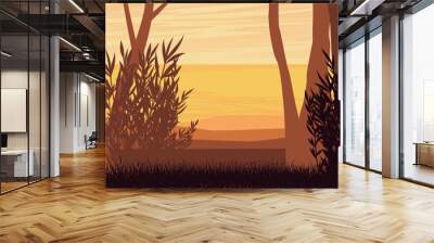 Australia silhouette. Coast of the sea or ocean with tropical trees and shrubs. Realistic vector landscape Wall mural