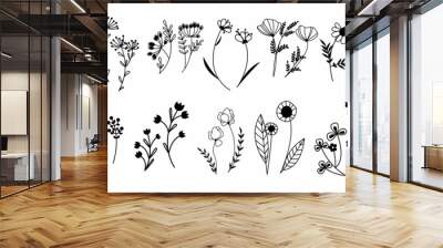 Black line art branches and flowers set. Doodle style field and meadow plants. Collection of hand drawn floral flowers, leaves and berries. Wild flowers Wall mural