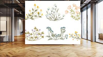 Colored line art plants set. Doodle style field and meadow plants. Collection of hand drawn floral flowers, leaves and berries. Wild flowers Wall mural