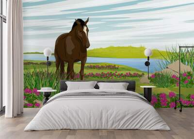 The horse is standing in the meadow. Water meadow with grass and blooming clover on the river bank. wild and farm horses. Realistic vector landscape Wall mural