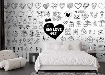 Big set doodle vector elements for valentine's day cards, posters, wrapping and design. Hand drawn heart, isolated on white backdrop. Geometric shape and symbol. Wall mural