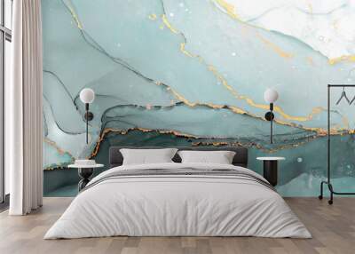 Abstarct fluid ink background with aguamarine and golden splashes Wall mural