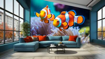 clown fish close up among corals in the ocean made with Generative AI Wall mural