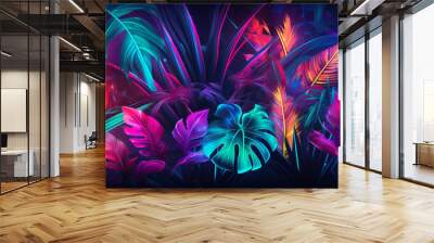 jungle landscape glowing neon at night, made with Generative AI Wall mural