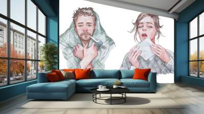 man with thermometer in his mouth and woman sneezing Wall mural