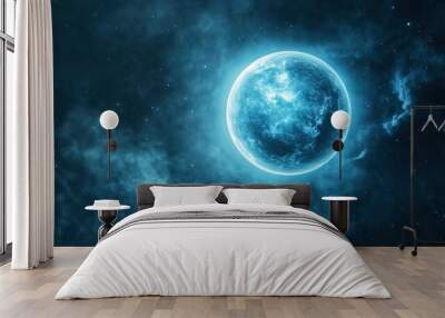 A blue glowing moon floating in space, with a blue nebula background Wall mural