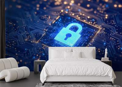 A digital lock icon glowing in blue light on top of an intricate circuit board, symbolizing advanced security technology and data protection for a cybersecurity concept Wall mural