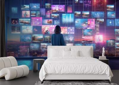 A person watching a video wall with multimedia images on different television screens. Generative AI Wall mural