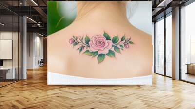 A woman's back sporting a tattoo of a bird and flowers. Wall mural