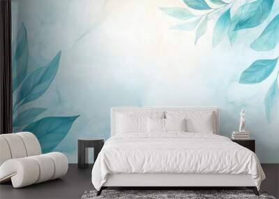 Blue azure turquoise abstract watercolor background with leaves pattern Wall mural