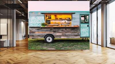 Food truck with a rustic, reclaimed wood exterior, serving hearty, home-cooked meals, comfort food, artisan style Wall mural