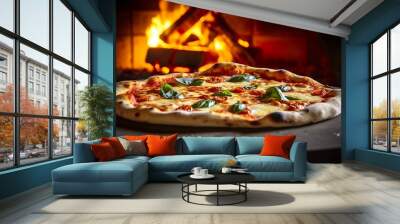 Freshly baked pizza closeup, traditional wood fired oven background. Wall mural