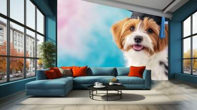 happy dog wearing graduation cap against a colorful background, symbolizing success and achievement in education Wall mural