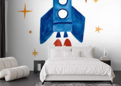 Funny Illustration With Gouache Painted Spaceship Wall mural