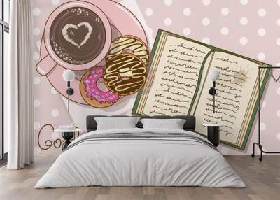 Illustration with cup of coffee and book Wall mural