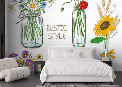 Set of mason jars with flowers Wall mural