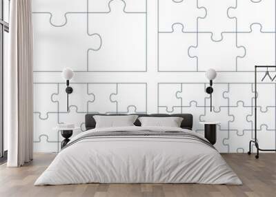 Puzzle pieces 2 x 2 , 3 x 3 , 4 x 4 and 5 x 5 vector pattern. Jigsaw square template of 4, 9, 16 and 25 pieces isolated on white background. Outline shapes of puzzle game picture. Wall mural