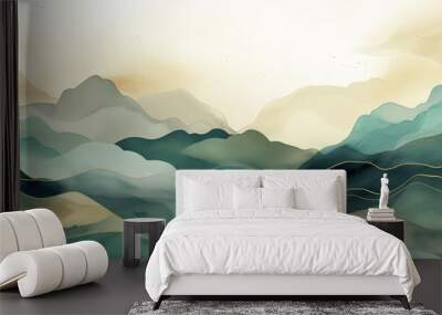 Serene watercolor painting of a majestic mountain landscape. Tranquil scene evokes a sense of peace and wonder. Ideal for use in home decor, marketing materials, and greeting cards. Wall mural