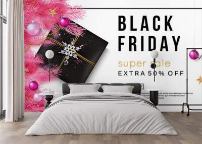 Black Friday sale inscription design banner with Christmas decoration. Vector illustration Wall mural