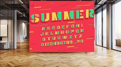 Vector summer font and alphabet. Set of colorful letters and numbers. Typeface retro style Wall mural