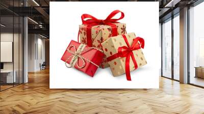 Gift boxes with the red ribbons in eco paper isolated on the white background Wall mural