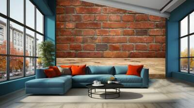 wooden table top with old red brick wall background. place for produkt. Wall mural