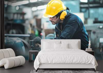 Industrial Engineers in Hard Hats.Work at the Heavy Industry Manufacturing Factory.industrial worker indoors in factory. man working in an industrial factory.Safety first concept. Wall mural