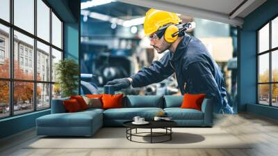 Industrial Engineers in Hard Hats.Work at the Heavy Industry Manufacturing Factory.industrial worker indoors in factory. man working in an industrial factory.Safety first concept. Wall mural