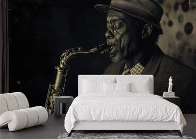 A vintage-style photo of a saxophonist, capturing the essence of classic jazz. Wall mural