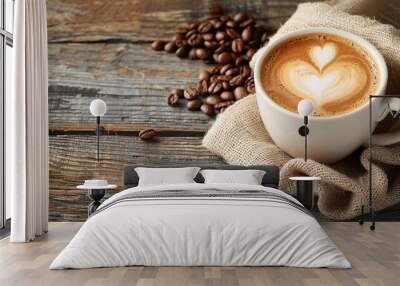 Cup of coffee latte and coffee beans in burlap sack on old wooden background Wall mural