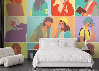 Diverse women faces background, women different style Wall mural