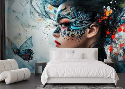 surreal beauty portrait featuring a woman with intricate face paint and abstract elements in the background, blending art with fashion Wall mural