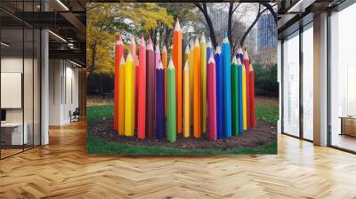 A colorful installation resembling giant pencils in a park, celebrating creativity and art. Wall mural