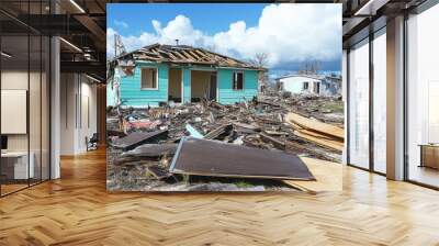 A damaged house amidst debris, showcasing the aftermath of a disaster. Wall mural