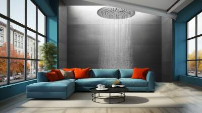 A modern showerhead with water cascading down in a sleek, minimalist bathroom setting. Wall mural