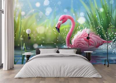 a pink flamingo with a long neck and black beak swims in blue water, its reflection visible below Wall mural