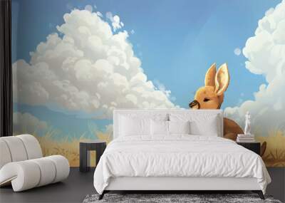 a rabbit sits in a field under a blue sky with white clouds, its black eye visible in the foreground Wall mural