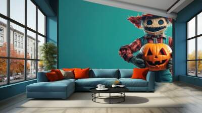 A scarecrow holds a carved pumpkin, embodying Halloween spirit and festive decoration. Wall mural