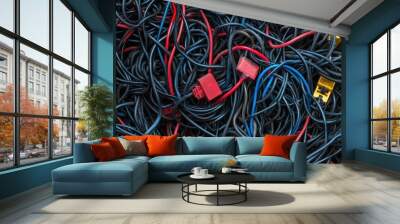 A tangled mass of black, red, and yellow wires and connectors. Wall mural