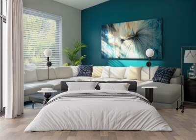 Modern living room with a cozy atmosphere and vibrant wall art. Wall mural