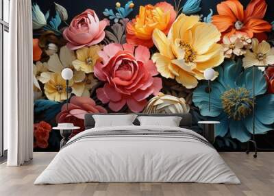 Retro floral print in vibrant colors Wall mural