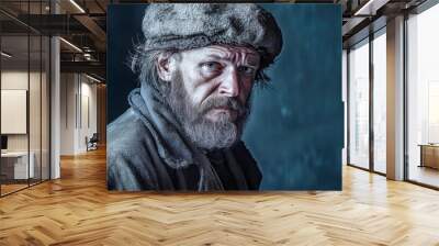 A bearded man in a wadded winter hat looks contemplative, revealing the struggles of a life spent in captivity with a background that accentuates his resilience Wall mural