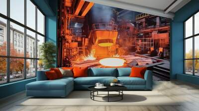 A bustling metallurgical plant filled with massive machinery, producing steel products with precision and power Wall mural