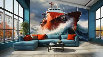 A cargo or fishing ship is caught in a severe storm. Ship at sea on big waves. The threat of shipwreck. Element in the ocean. The hard work of a sailor. Wall mural