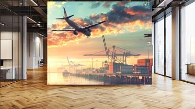 A cargo plane flies over a bustling port at sunset, with cargo containers and cranes visible Wall mural