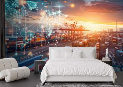 A cargo ship in a bustling port with glowing lines connecting worldwide ports, showing global shipping. The sunset casts a warm glow over the scene Wall mural