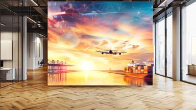 A cargo ship sails through a calm harbor at sunset, showcasing the global network of trade Wall mural