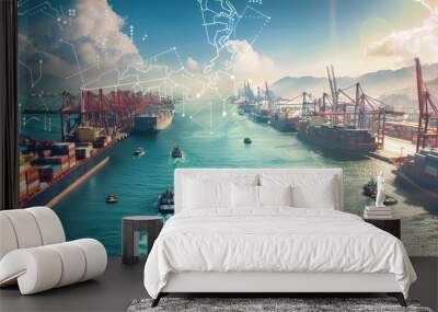 A cargo ship surrounded by other ships and cranes in a harbor, highlighted by the sun with a digital map overlay hinting at global trade and transportation Wall mural