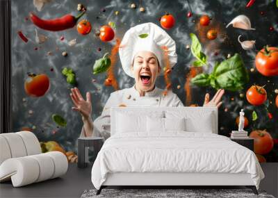 A cheerful chef laughs as she joyfully flings a variety of fresh vegetables into the air, creating a colorful display of culinary delight Wall mural