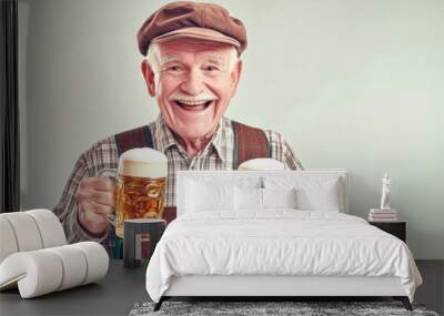 A cheerful senior man in traditional lederhosen holds up two beers, proudly celebrating Oktoberfest, embodying joy and festive tradition in a bright atmosphere Wall mural